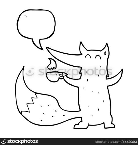 freehand drawn speech bubble cartoon wolf with coffee cup