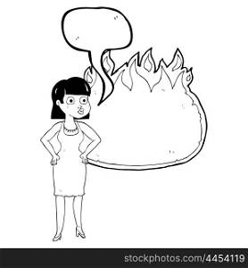freehand drawn speech bubble cartoon woman in dress with hands on hips and flame banner