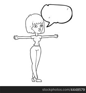 freehand drawn speech bubble cartoon woman spreading arms