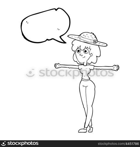 freehand drawn speech bubble cartoon woman spreading arms