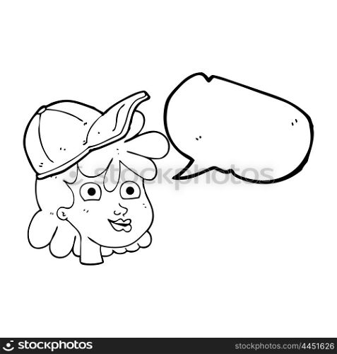 freehand drawn speech bubble cartoon woman wearing cap