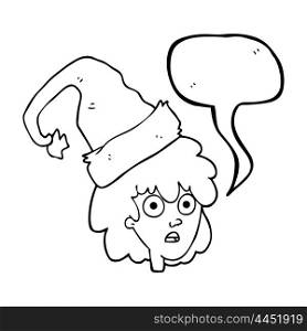freehand drawn speech bubble cartoon woman wearning santa hat