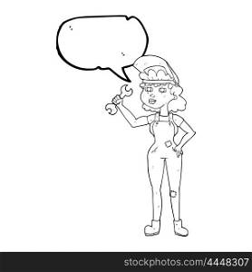 freehand drawn speech bubble cartoon woman with spanner