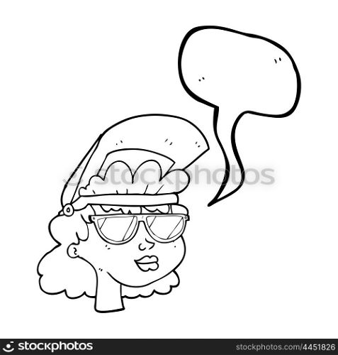 Freehand drawn speech bubble cartoon woman with welding mask and glasses