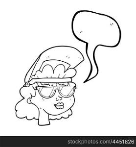 Freehand drawn speech bubble cartoon woman with welding mask and glasses