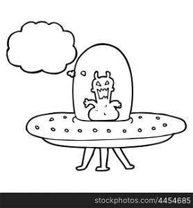 freehand drawn thought bubble cartoon alien in flying saucer
