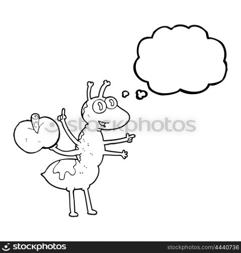 freehand drawn thought bubble cartoon ant with apple