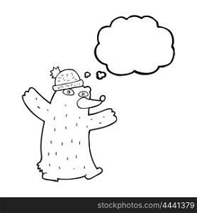 freehand drawn thought bubble cartoon bear wearing hat