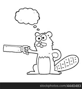freehand drawn thought bubble cartoon beaver with saw