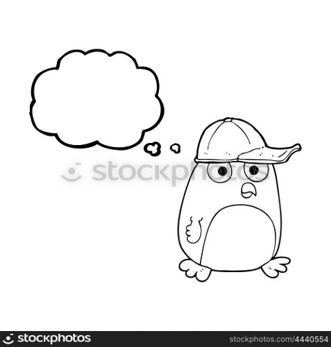 freehand drawn thought bubble cartoon bird in cap