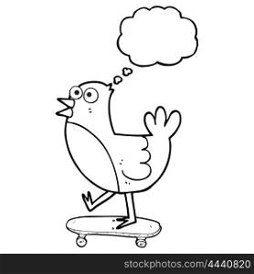 freehand drawn thought bubble cartoon bird on skateboard