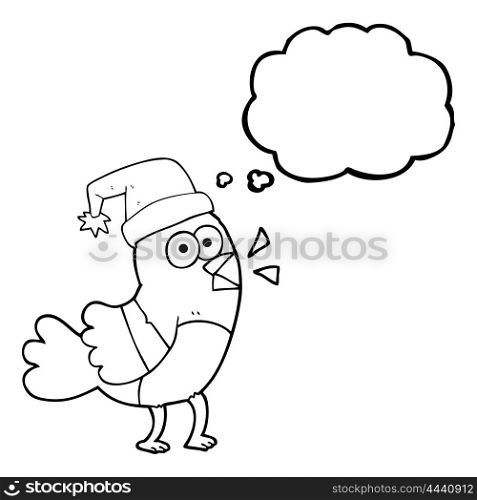 freehand drawn thought bubble cartoon bird wearing christmas hat