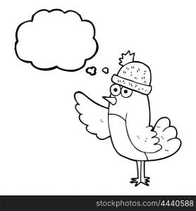 freehand drawn thought bubble cartoon bird wearing hat
