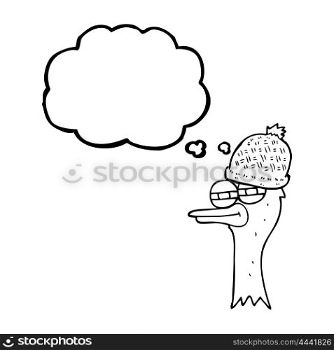 freehand drawn thought bubble cartoon bird wearing hat