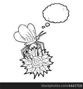 freehand drawn thought bubble cartoon butterfly on flower