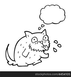freehand drawn thought bubble cartoon cat blowing raspberry