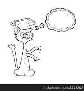 freehand drawn thought bubble cartoon cat scratching with graduation cap