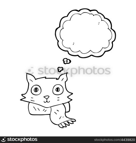 freehand drawn thought bubble cartoon cat wearing scarf