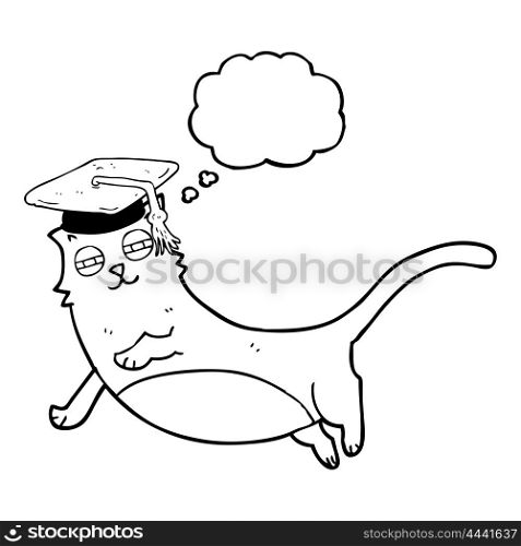 freehand drawn thought bubble cartoon cat with graduate cap