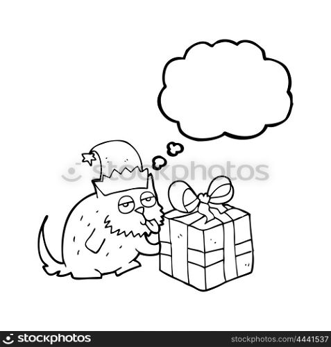 freehand drawn thought bubble cartoon cat with present
