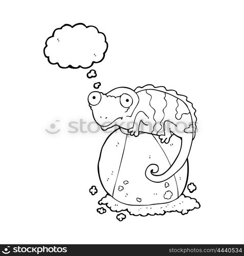 freehand drawn thought bubble cartoon chameleon on ball