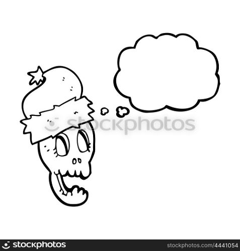 freehand drawn thought bubble cartoon christmas hat on skull