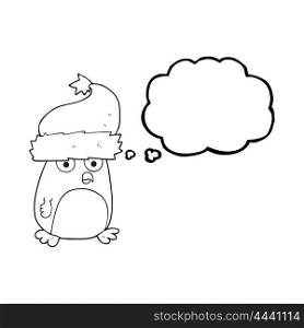 freehand drawn thought bubble cartoon christmas robin wearing christmas hat