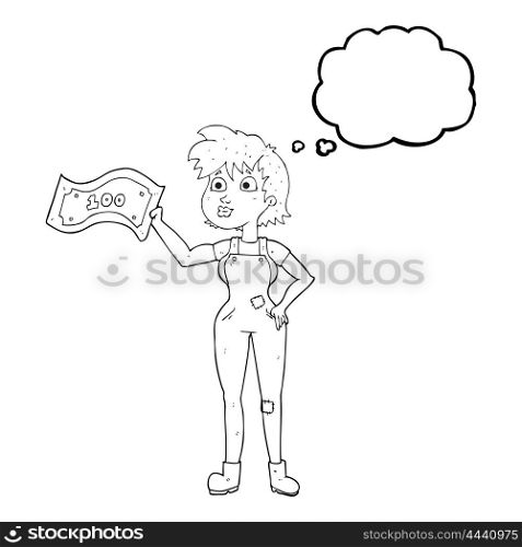 freehand drawn thought bubble cartoon confident farmer woman with money