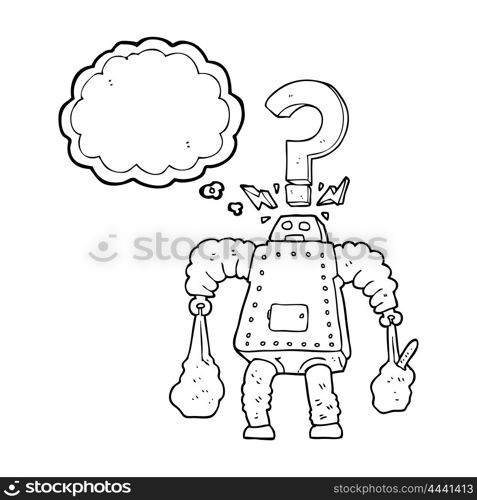 freehand drawn thought bubble cartoon confused robot carrying shopping