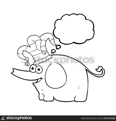 freehand drawn thought bubble cartoon elephant wearing circus hat