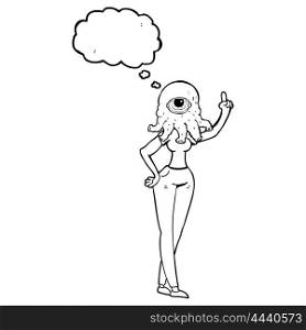 freehand drawn thought bubble cartoon female alien with raised hand
