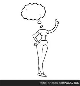 freehand drawn thought bubble cartoon female body with raised hand
