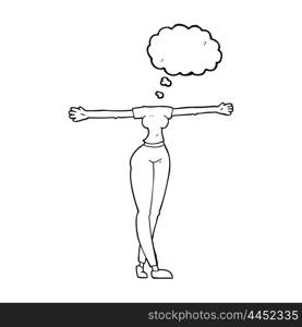 freehand drawn thought bubble cartoon female body with wide arms