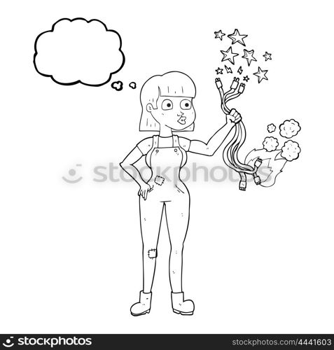 freehand drawn thought bubble cartoon female electrician