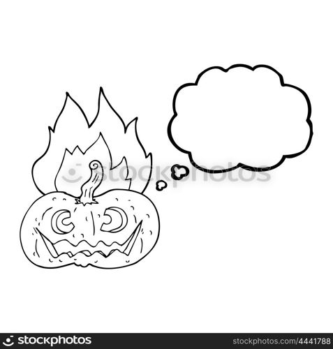 freehand drawn thought bubble cartoon flaming halloween pumpkin