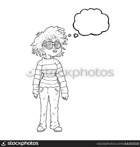 freehand drawn thought bubble cartoon geeky girl
