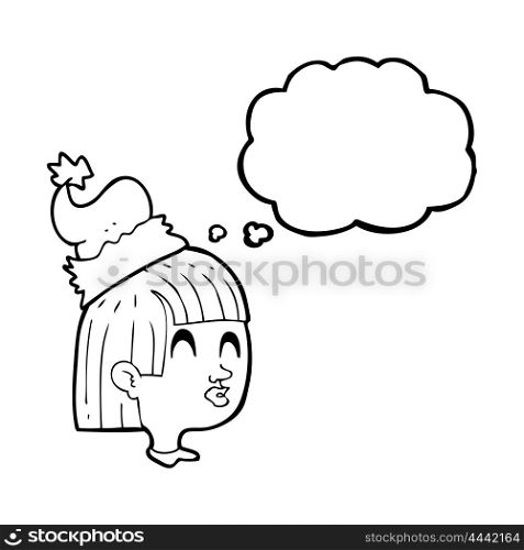 freehand drawn thought bubble cartoon girl wearing christmas hat
