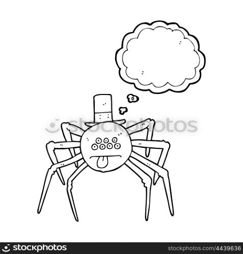 freehand drawn thought bubble cartoon halloween spider in top hat