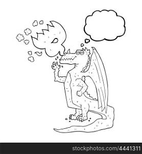 freehand drawn thought bubble cartoon happy dragon breathing fire