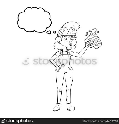 freehand drawn thought bubble cartoon hard working woman with beer
