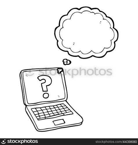 freehand drawn thought bubble cartoon laptop computer with question mark