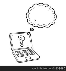freehand drawn thought bubble cartoon laptop computer with question mark
