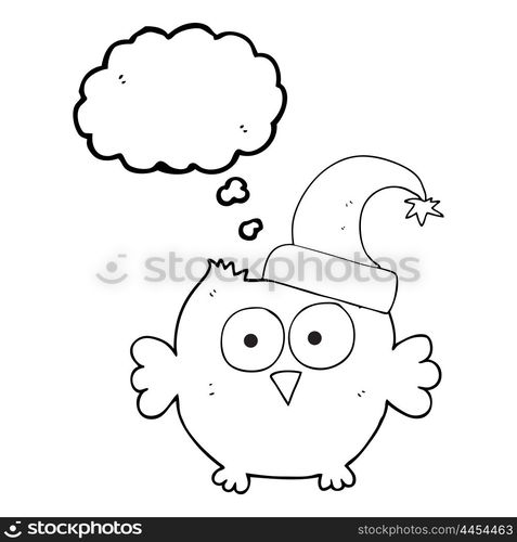 freehand drawn thought bubble cartoon little owl wearing christmas hat