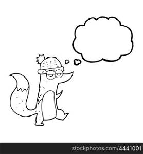 freehand drawn thought bubble cartoon little wolf wearing hat