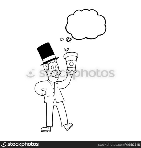 freehand drawn thought bubble cartoon man with coffee cup