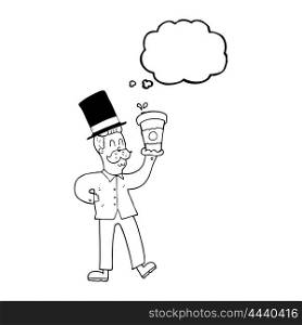 freehand drawn thought bubble cartoon man with coffee cup