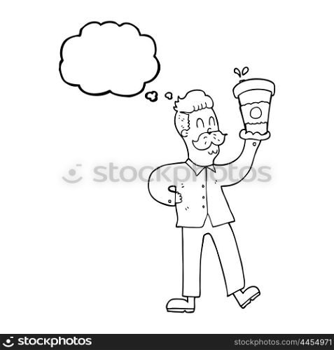freehand drawn thought bubble cartoon man with coffee cups