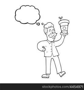 freehand drawn thought bubble cartoon man with coffee cups
