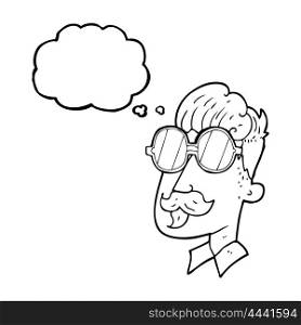 freehand drawn thought bubble cartoon man with mustache and spectacles