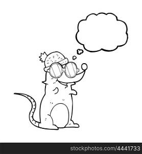 freehand drawn thought bubble cartoon mouse wearing glasses and hat
